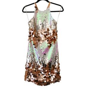 Helsi Sequin Mini Dress Size Small Rose Gold Pink Criss Cross Sleeveless Halter